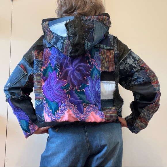 Upcycled Hoodie Sweatshirt Jacket Patchwork Fabric Scraps Frayed Apocalyptic - Picture 10 of 14